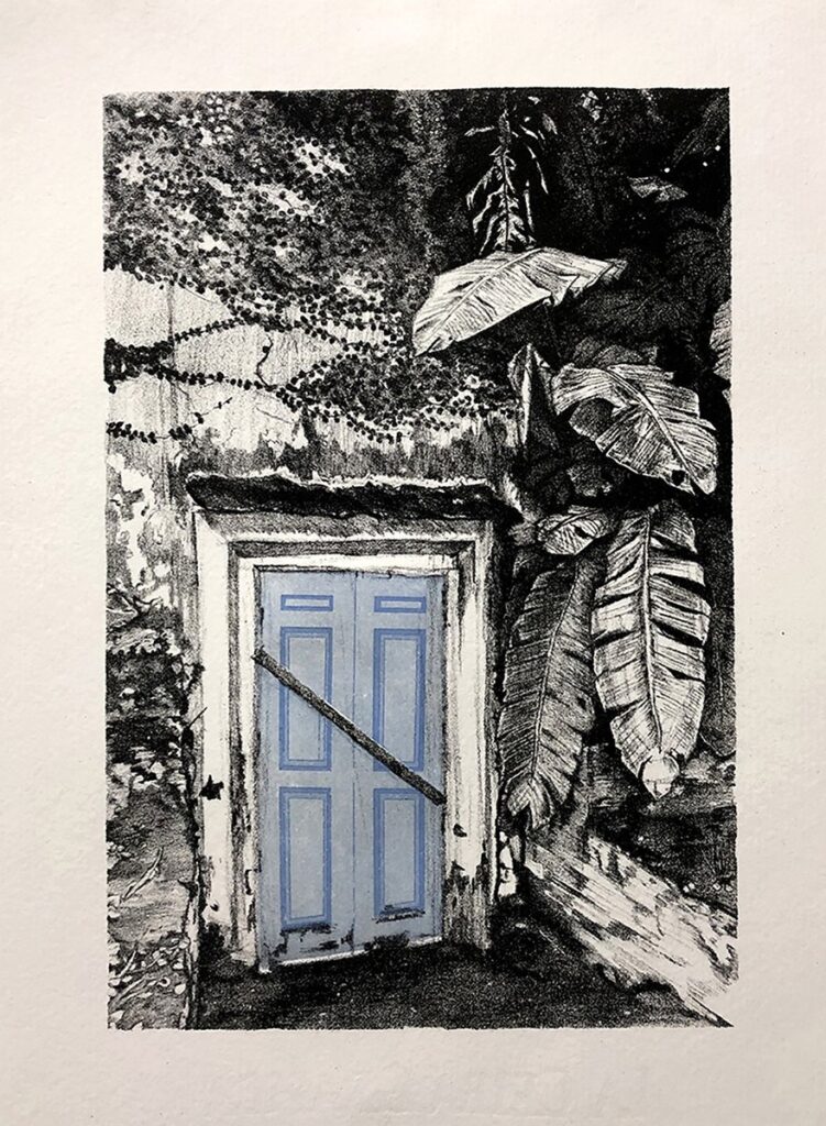 Behind the Blue Door, by Maxwell Roath, 2019, marble lithograph, intaglio, and aquatint on La Ceiba Grafica paper