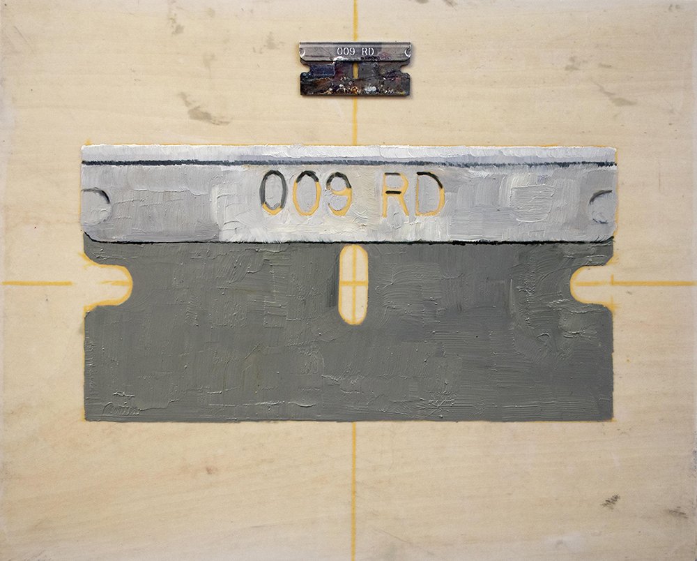 Scrape, by Erica Rochelle, 2019, oil, colored pencil, and razor blade on mylar mounted to panel