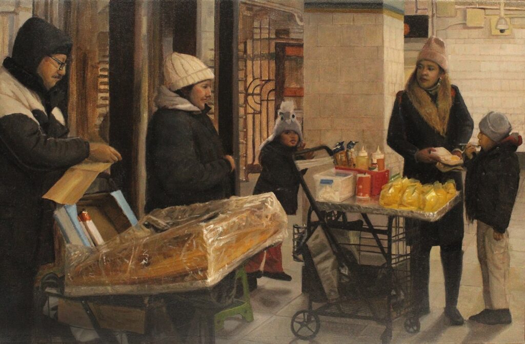 Los Vendedores de Churros y Mangos de la Estación Atlantic-Barclays, by Audrey Rodriguez, 2019, oil on linen