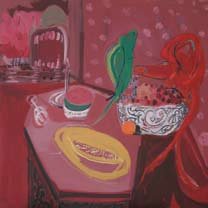Two Parrots Picking on a Bowl of Cherries, by Rokneddin Haerizadeh, 2007, acrylic on canvas
