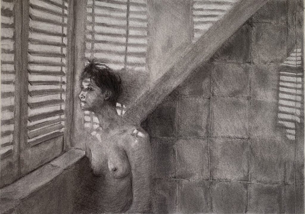 Girl Before a Window, by Alexandra Zarins Rolls, 2020, charcoal on paper