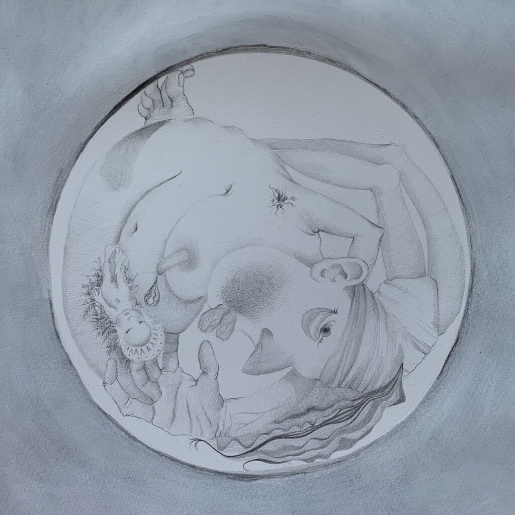 Pretzel Lady, by Alexandra Zarins Rolls, 2020, graphite and acrylic on paper