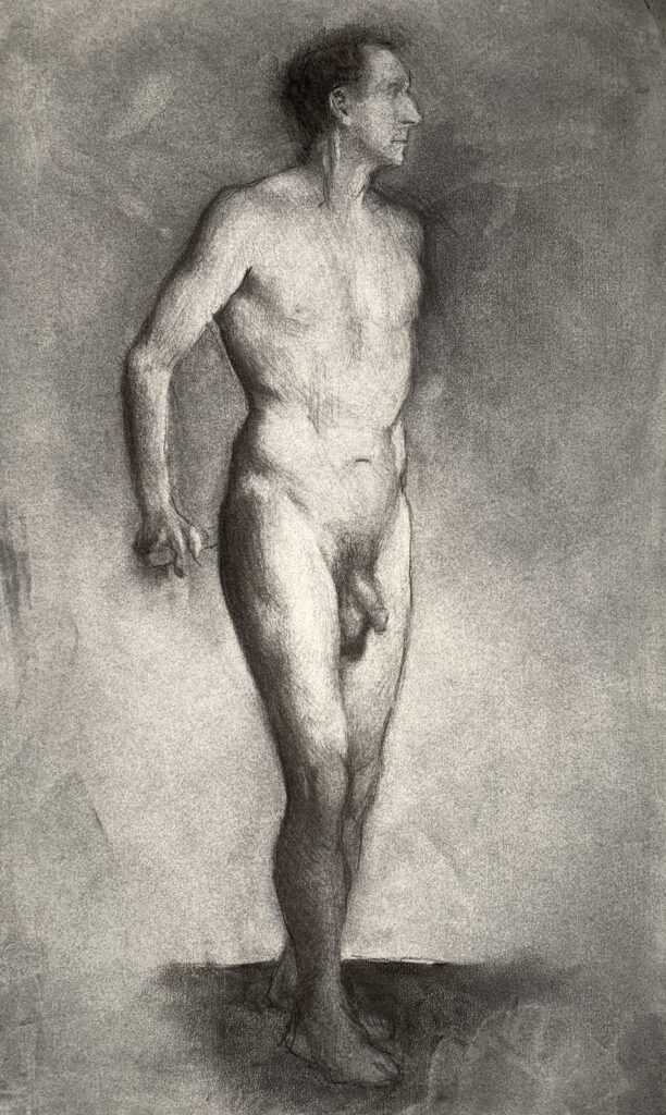 Standing Male Nude, by Alexandra Zarins Rolls, 2019, charcoal on paper