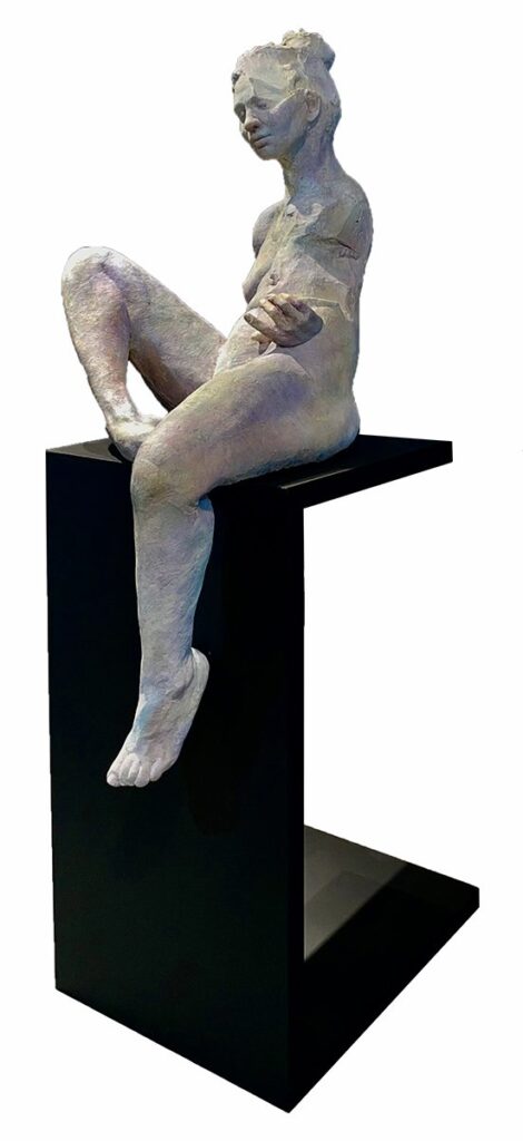 Limbo, by Michela J.A. Roman, 2023, Resin, casein, watercolor, and pigment patina on wooden platform