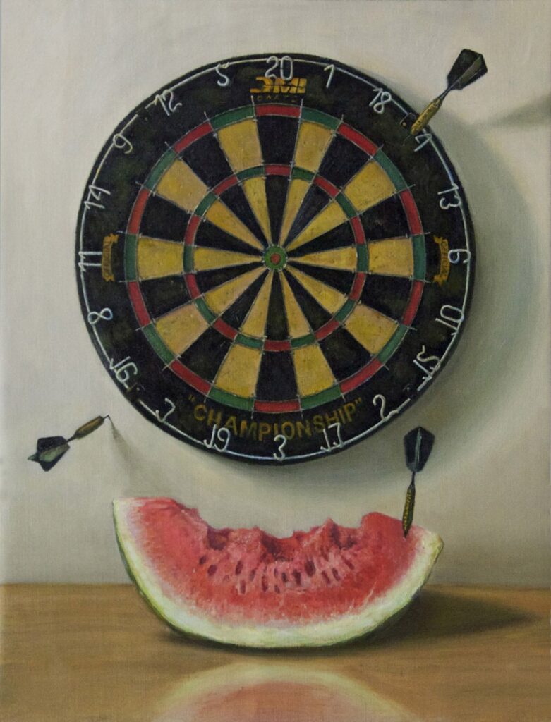 Watermelon Dartboard, by Patrick Romine, 2018, oil on linen