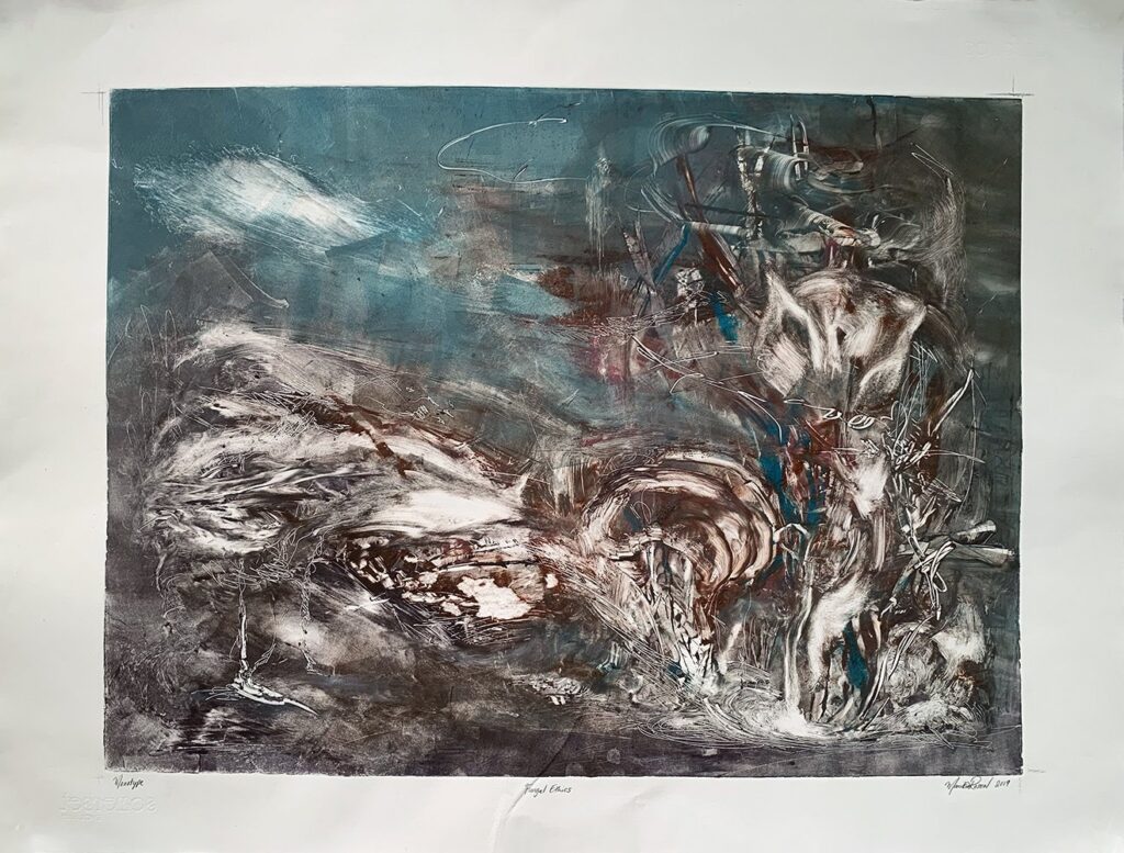 Fungal Ethics, by Monika Rosen, 2019, oil monotype on paper