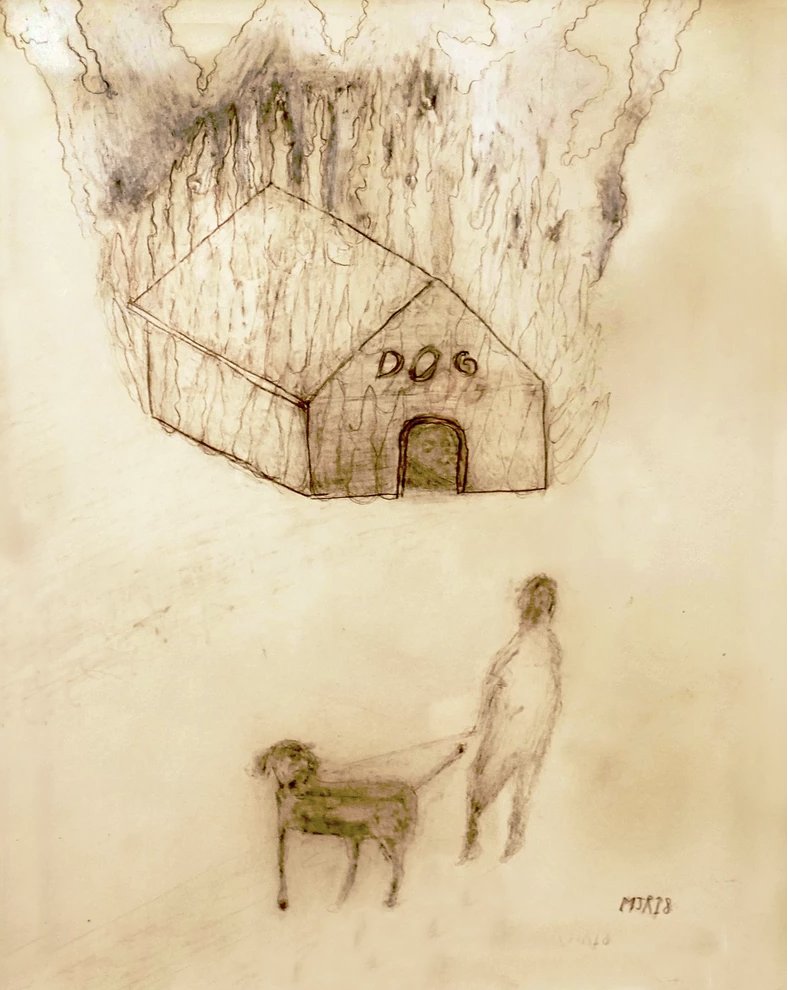 Doghouse, by Matt Rosenbaum, 2018, graphite and China marker on paper