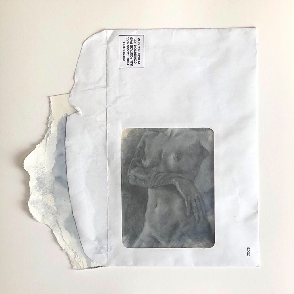 You've Got Mail, by Meg Rossetti, 2019, graphite and conte on toned paper, envelope, and Bristol paper