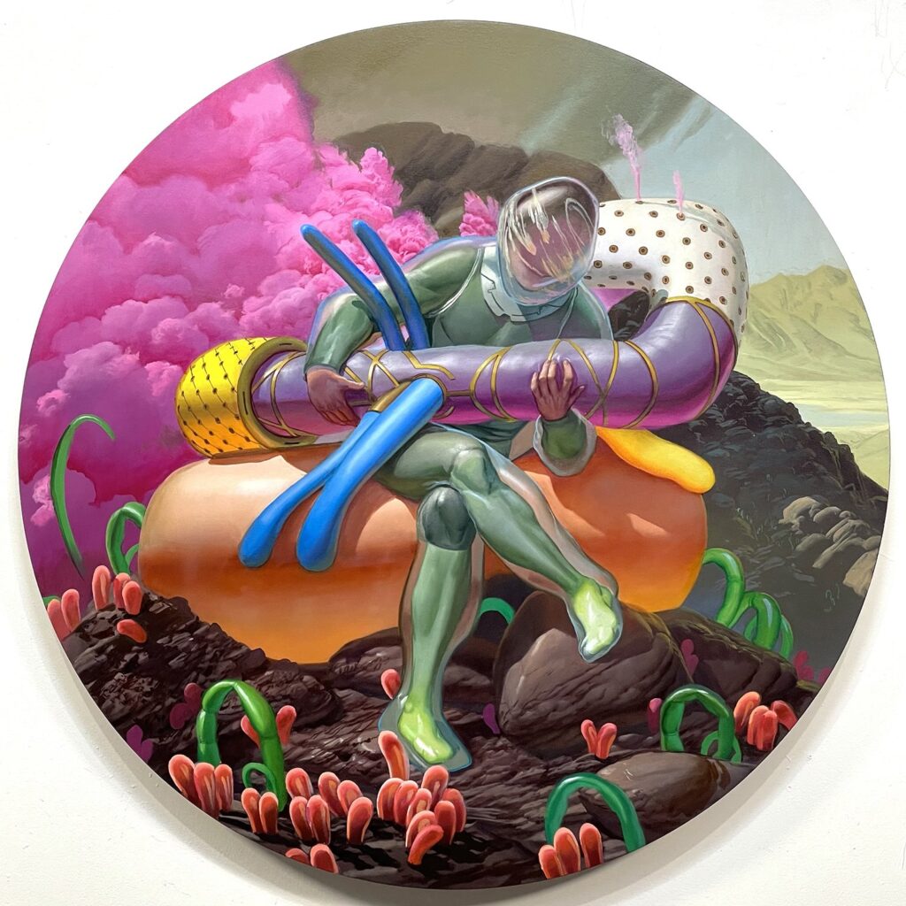 Anaplastic Fugue, by Jean-Pierre Roy, 2022, oil on canvas, 36 inches diameter