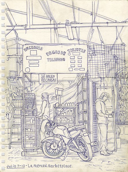 La Merced Marketplace, by George Rue, 2015, Ink on paper