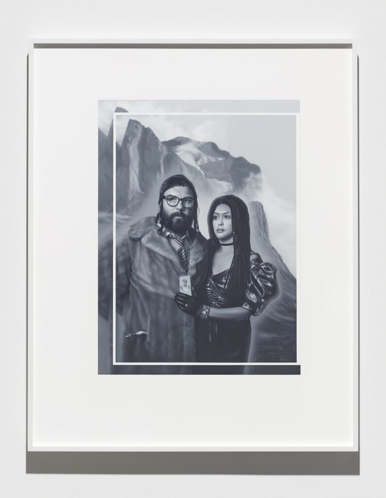 Portrait of Delmar Beray & Saturday with Mount Thor, Wednesday, August 17th, by Andrew Sendor, 2017, Oil on matte white Plexiglas in white powder coated aluminum frame
