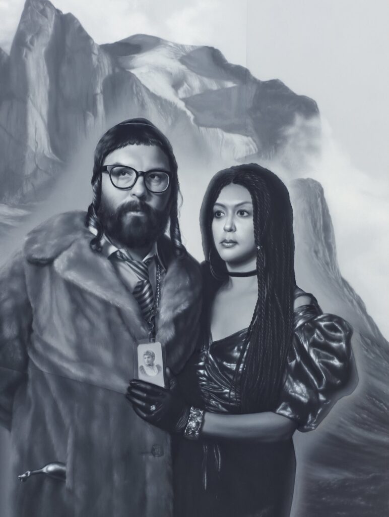 Portrait of Delmar Beray & Saturday with Mount Thor, Wednesday, August 17th, by Andrew Sendor, 2017, Oil on matte white Plexiglas in white powder coated aluminum frame