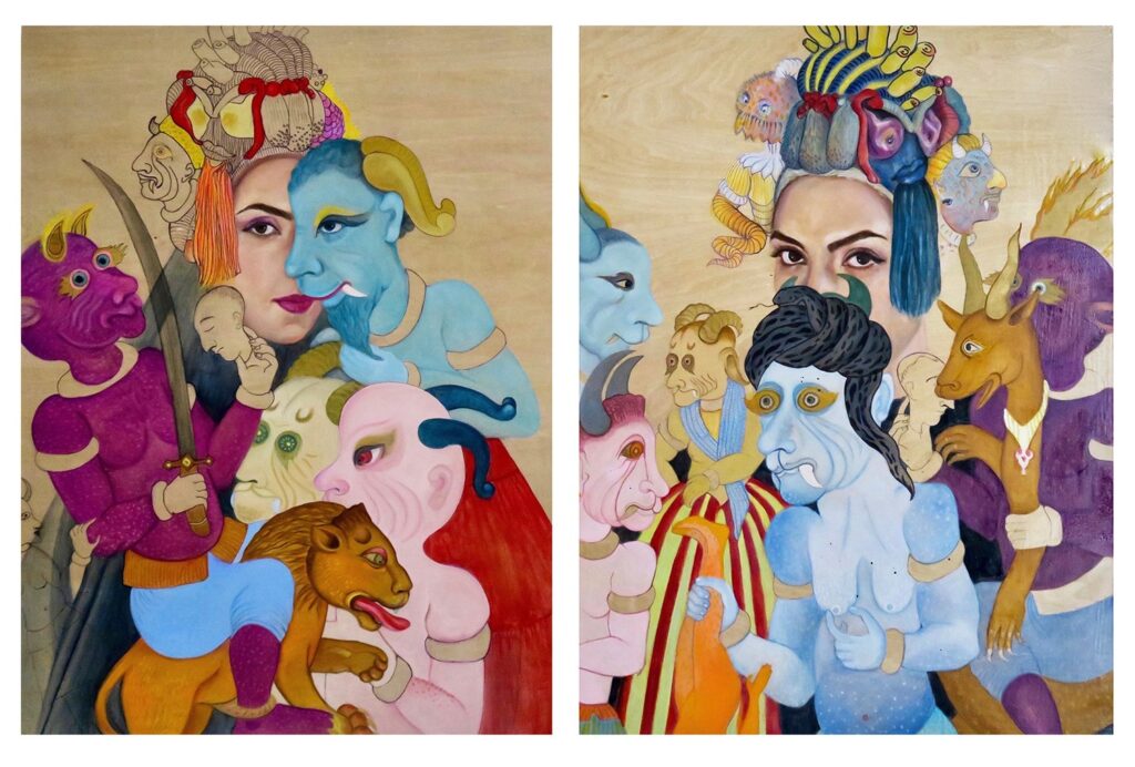 Party, by Bahar Sabzevari, 2019, oil and pen on wood panel
