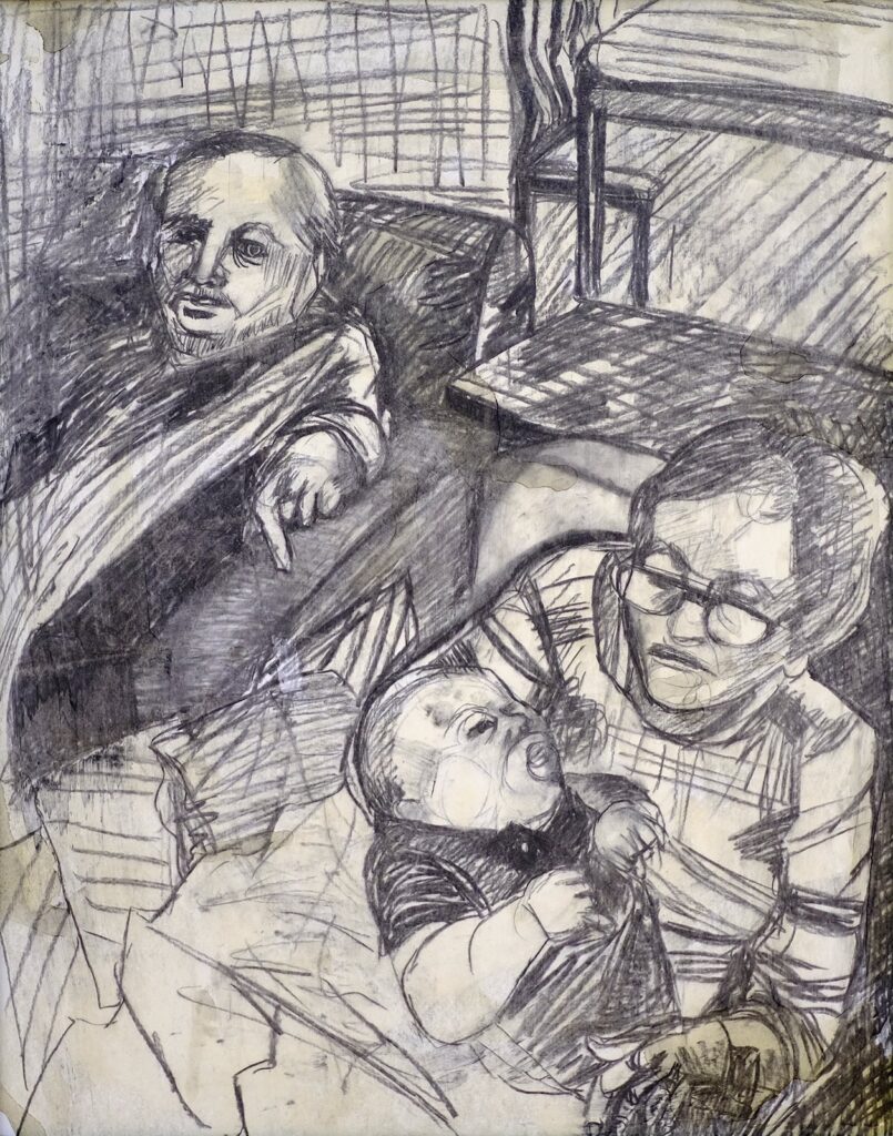 The Great Grandparents, by Rochelle Schaevitz, 2018, charcoal and shellac on gator board