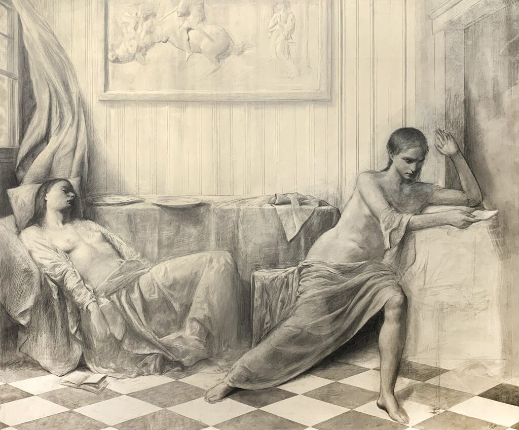 Divergent Couple, Scene from an Imaginary Graphic Novel, by Edward Schmidt, 2023, charcoal and charcoal pencil on prepared light ocher rag paper