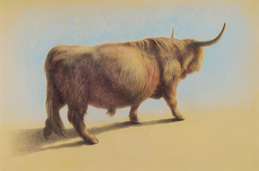 Bull, by Wade Schuman, 2020, acrylic on prepared paper