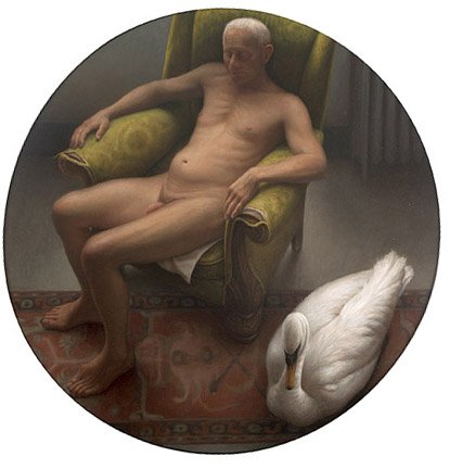Man with Swan, by Wade Schuman, 2001, Oil on linen, 48 inches diameter