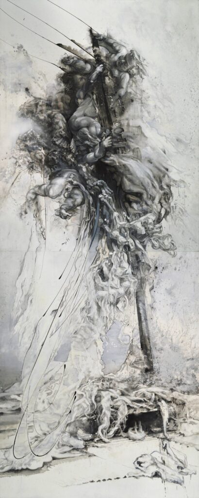 Putti Pole Vault and Particle Confetti, by Charlotte Segall, 2015, Gouache and acrylic on panel