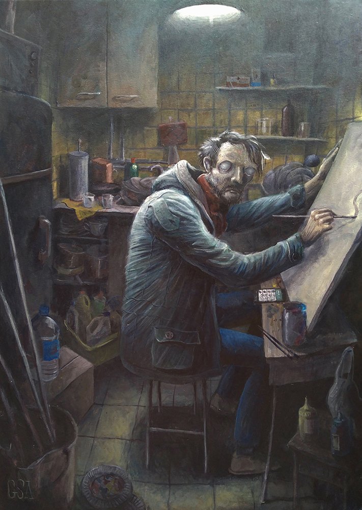 The Artist in His Studio, by Guillermo Serrano Amat, 2021, acrylic on canvas