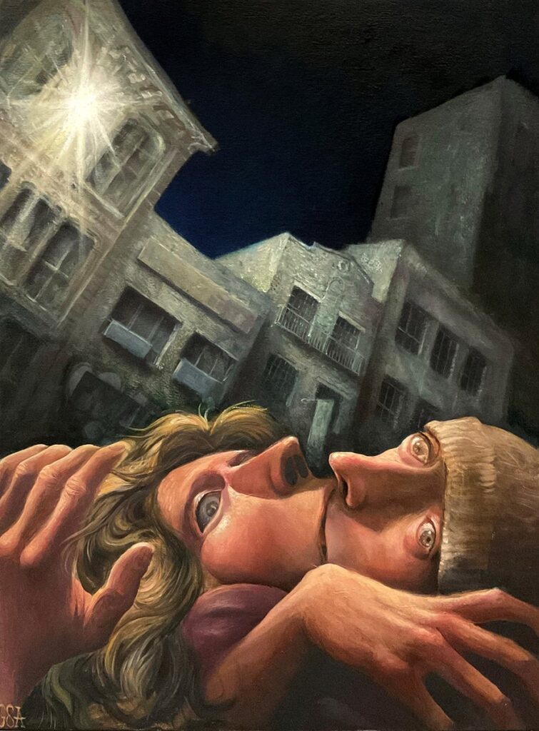 The Canal Plastics Center Kiss, by Guillermo Serrano Amat, 2023, oil on canvas