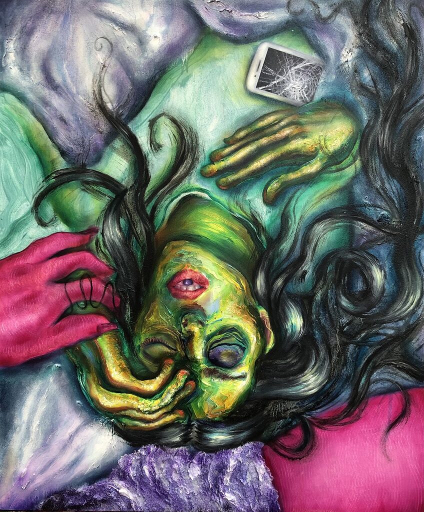 In Bed with Nora, by Julie Severino, 2020, oil, Magic Sculpt, glitter, rhinestones, and foil on panel