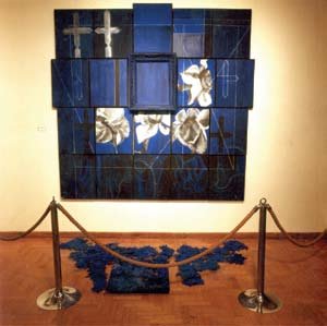 Mystery of Creation, by Shahnaz Zehtab, 2001, acrylic on canvas and constructed leaves