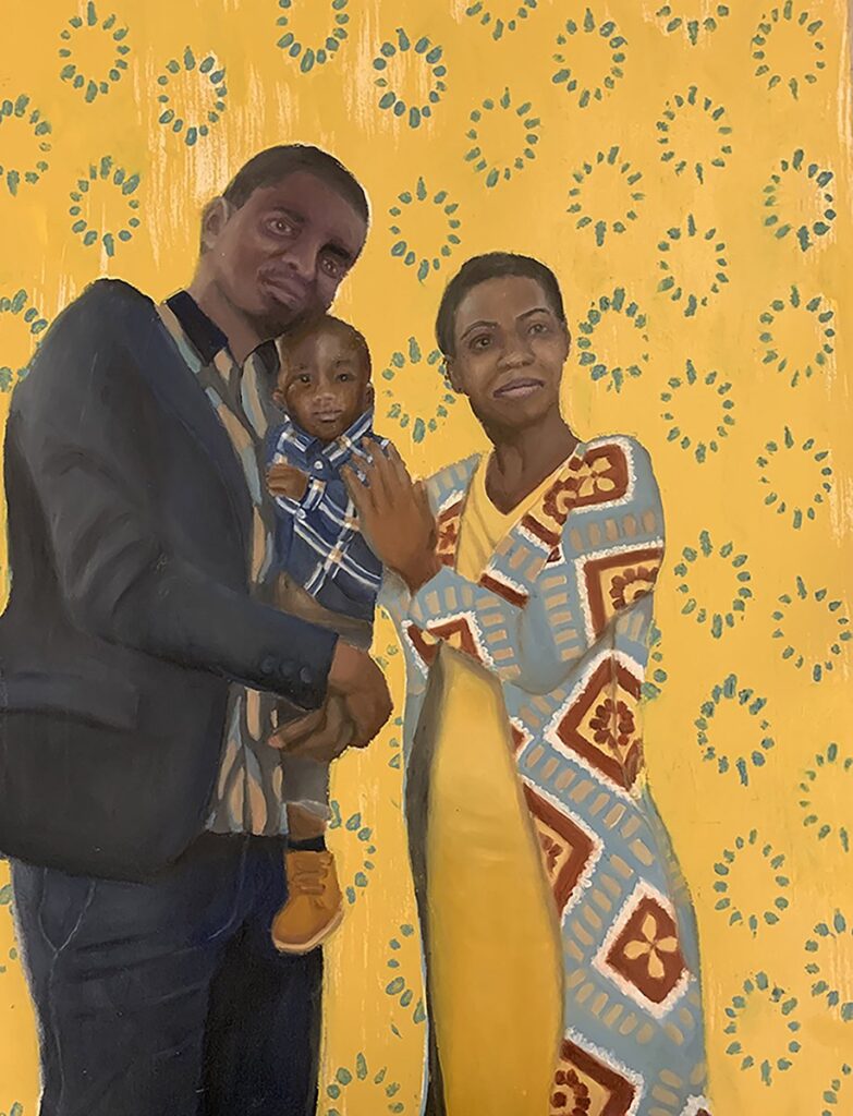 A Teacher and a Surgeon, by Barbara Sharp, 2023, oil, paper, and hand stamped Kitenge on canvas