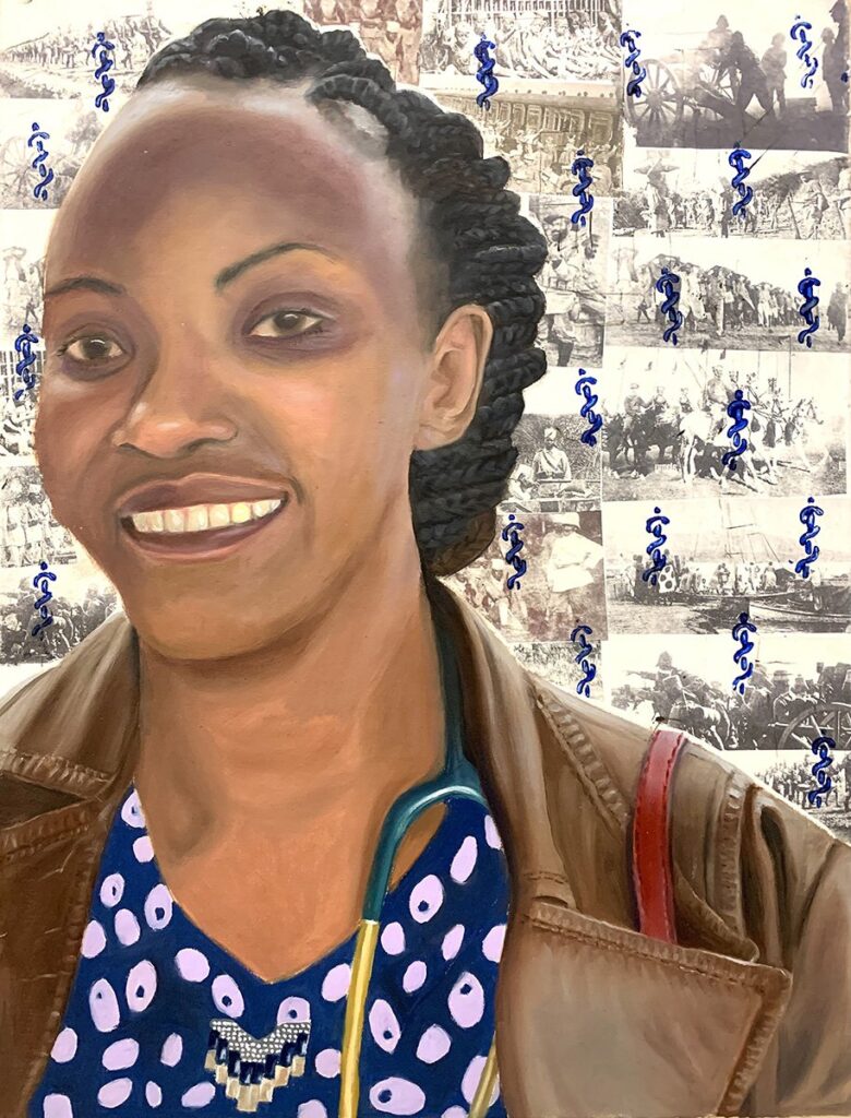 Dr. Anne Triumphs, by Barbara Sharp, 2023, oil, paper, photo transfer, and Rod of Asclepius hand stamp on canvas