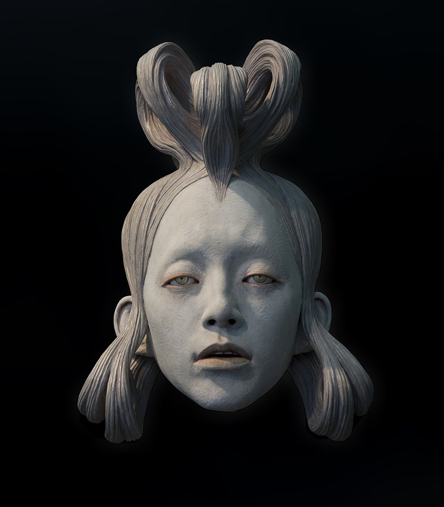 Head No.1, by Chie Shimizu, 2022, plaster, seashell powder, pigment, and silver powder