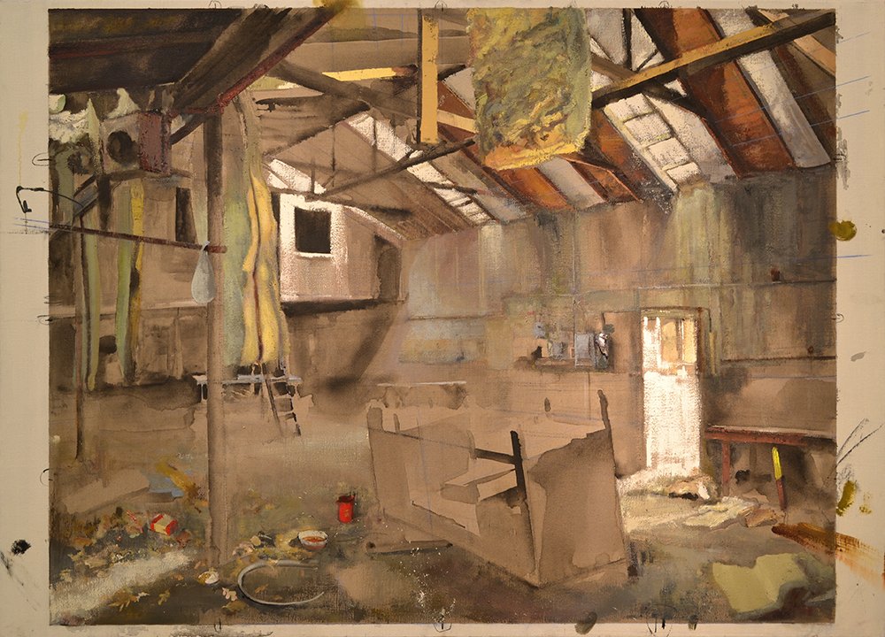 The Spatial Configuration of the Moment, by Ryan Schroeder, 2015, Oil, acrylic, ink, raw pigment and marble dust on hemp