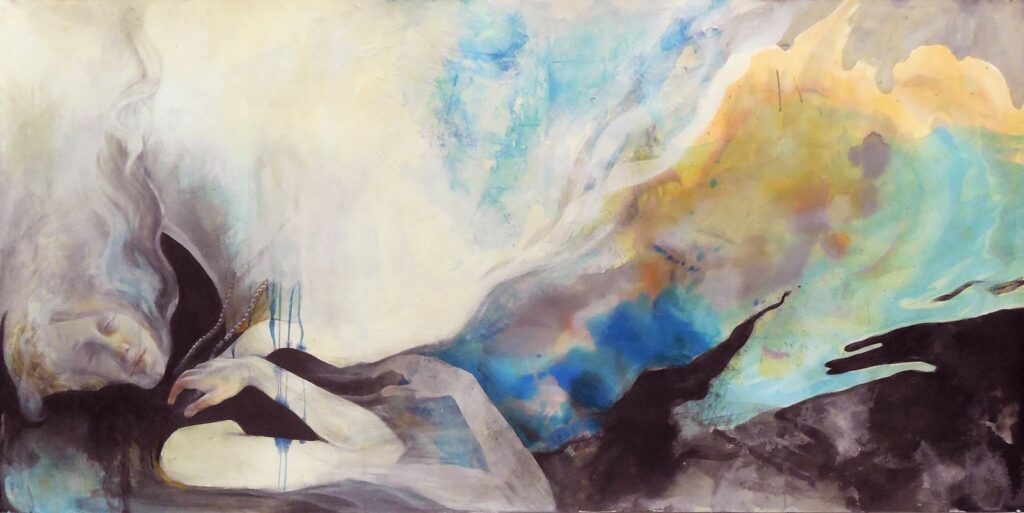 Christina Closes Her Eyes on the World, by Elizabeth Shupe, 2013, Ink, colored pencil, gesso, graphite, acrylic, charcoal, oil and rice paper on paper