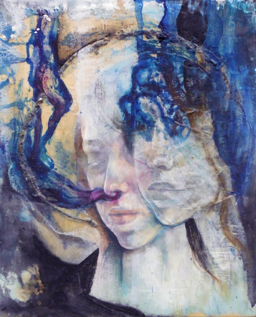 Nosebleed I, by Elizabeth Shupe, 2013, Oil, encaustic, paper, colored pencil, ink and dust on panel