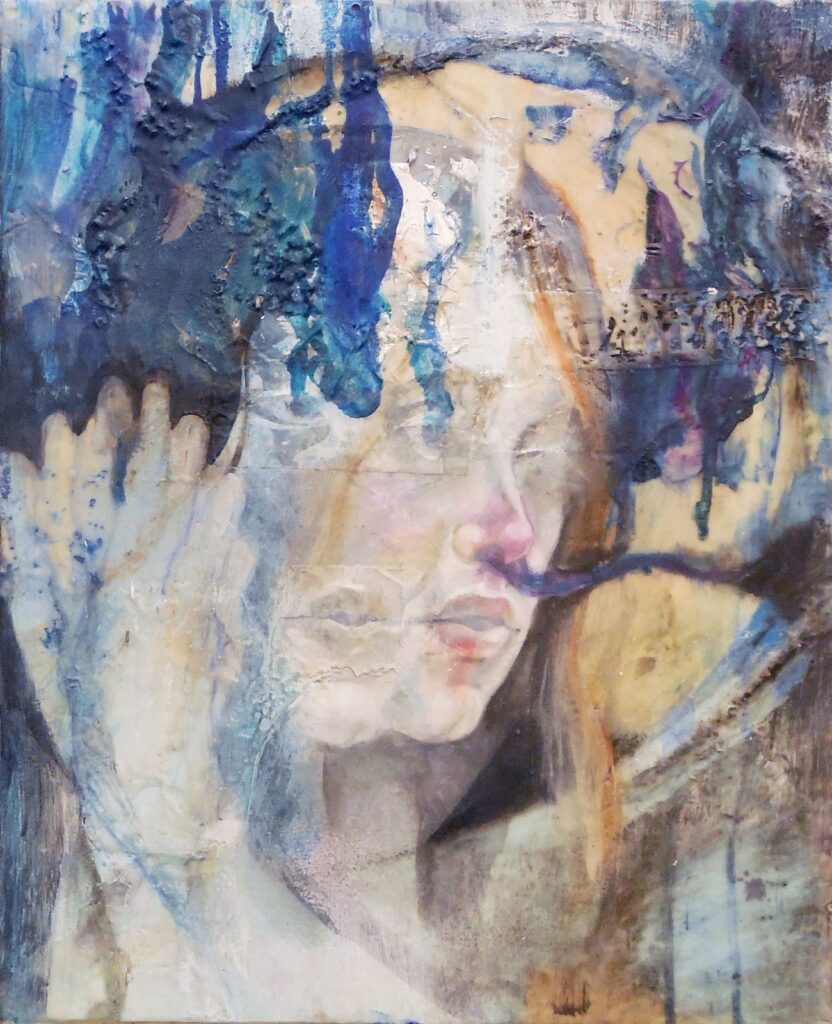 Nosebleed II, by Elizabeth Shupe, 2013, Oil, encaustic, paper, colored pencil, ink, metal leaf and dust on panel