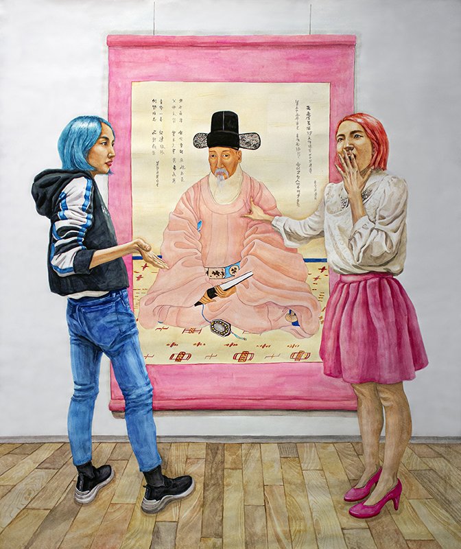 Look at This! He Is Wearing Pink!, by You Jin Sim, 2020, watercolor and gouache on paper