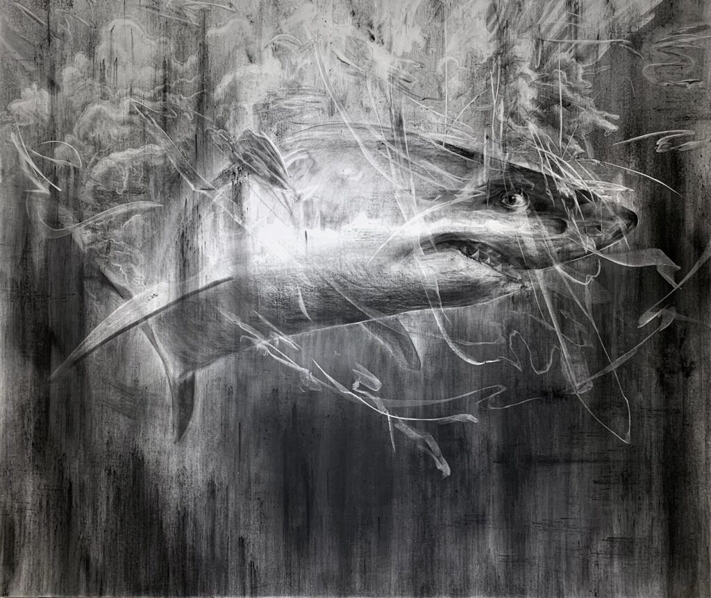 by Wilba Simson, 2022, charcoal on canvas with archival UV protective fixative