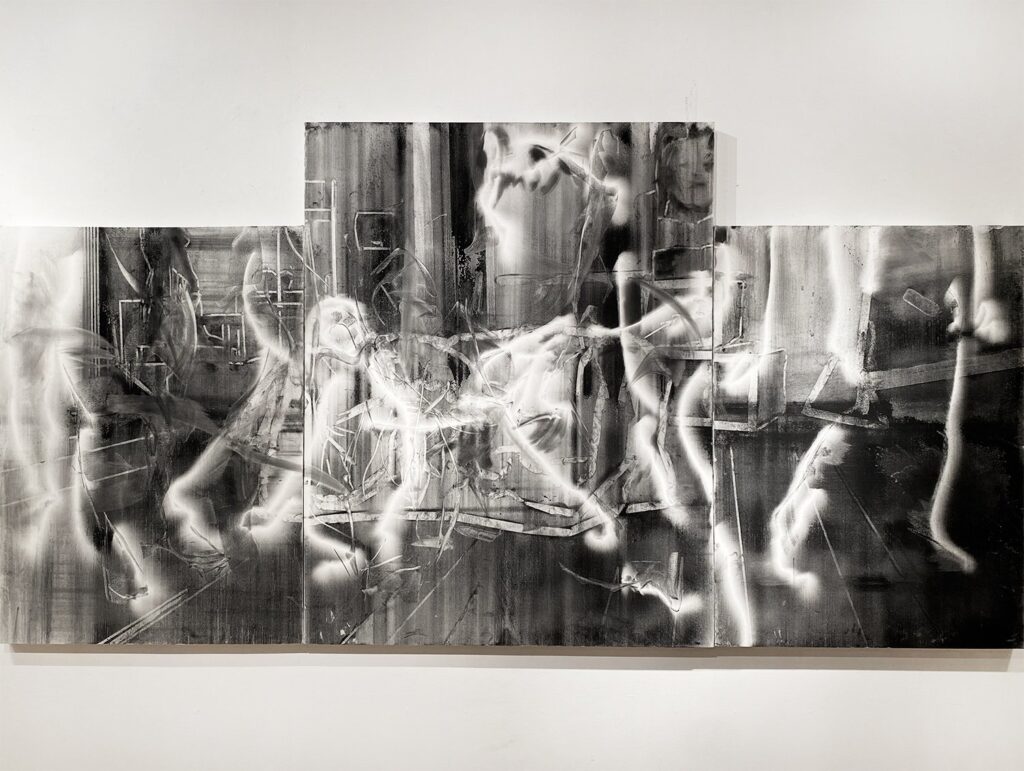 Searching, by Wilba Simson, 2021, charcoal on paper mounted on panel