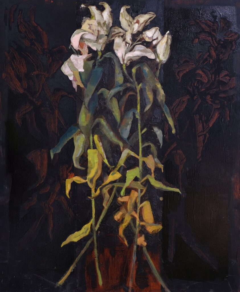 Lilies in Tar, by Kate Sinclair, 2018, oil, enamel, and tar on linen