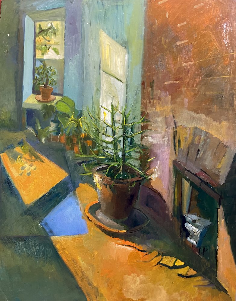 Golden Dawn, by Darren Singer, 2023, oil and charcoal on Masonite
