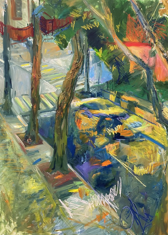 Estate, by Darren Singer, 2023, oil, acrylic, and oil pastel on Masonite