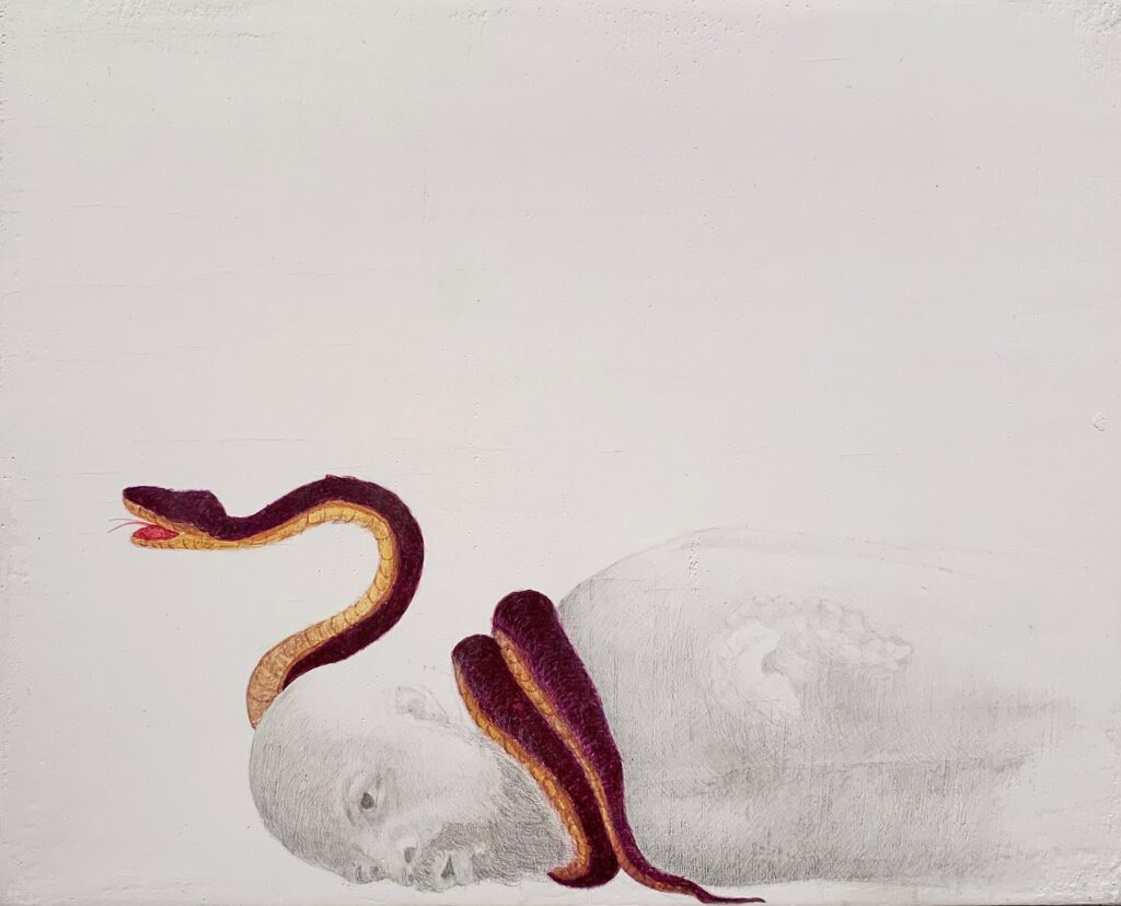 Ego Cum Agathodaemone Qui Me Strangulat, by Darryl Smith, 2019, tempera on hand-gessoed panel