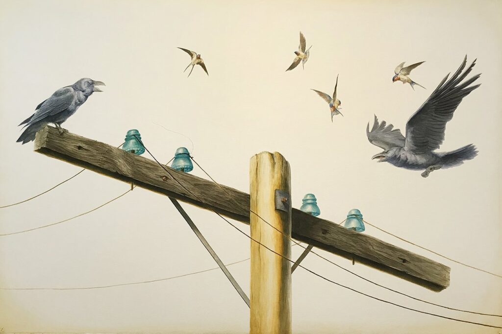 Telegraph, by Jed Webster Smith, 2022, watercolor on paper mounted to canvas