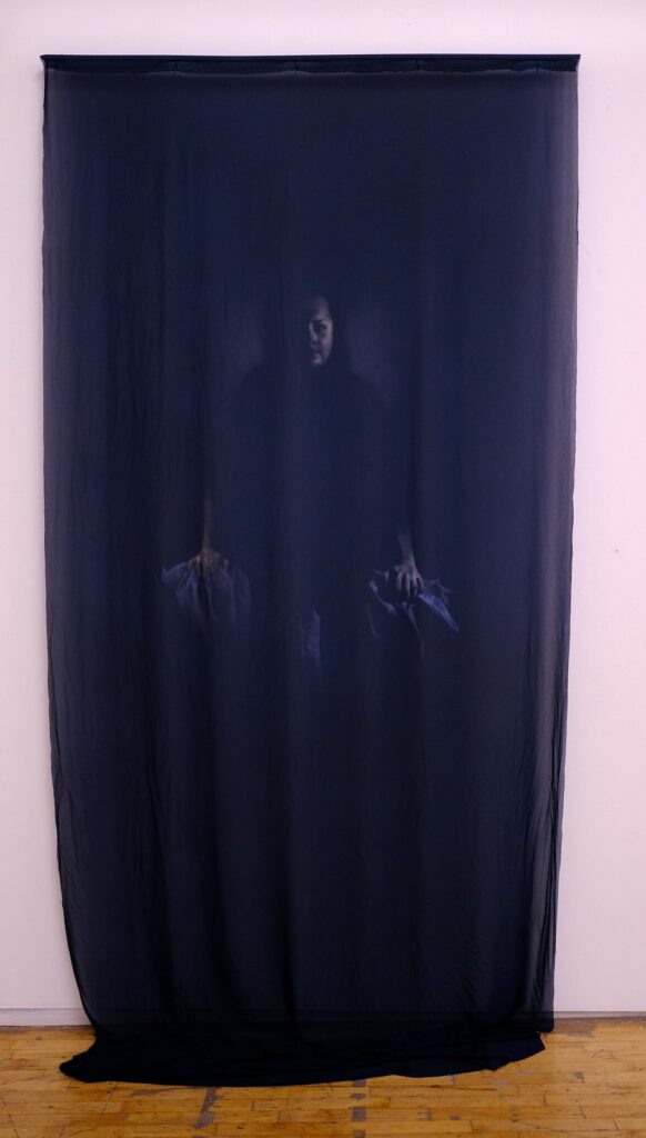 Self-Portrait, by Sian Smith, 2018, oil on chiffon