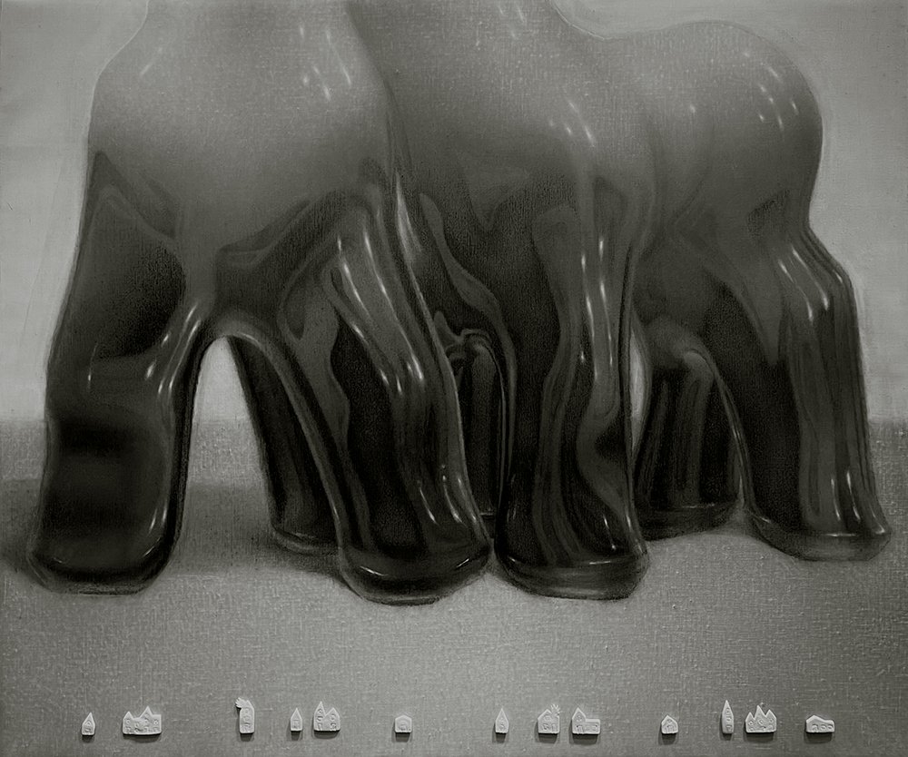 Home Turf, by Kylee Snow, 2024, graphite on linen with clay pieces