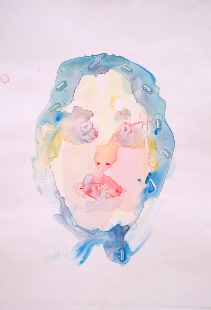 Cyan Headscarf, by Liza Sokolovskaya, 2018, watercolor monotype on paper