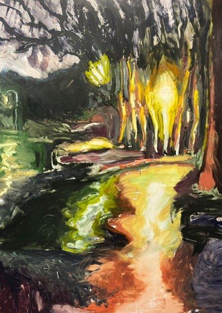 A Deep Booming Echo in My Painfully Hollow Chest, by Benjamin Staker, 2024, oil stick on Yupo mounted to panel