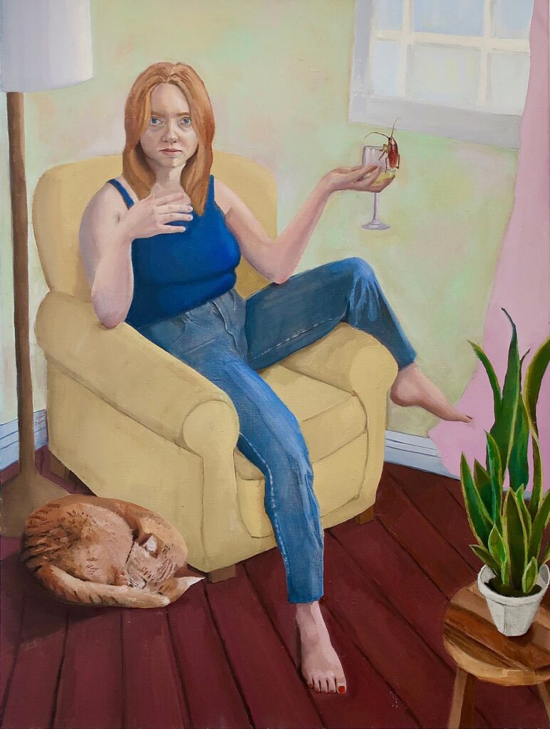 Self-Portrait with Cat and Cockroach, by Ruby Stenhouse, 2022, oil on canvas