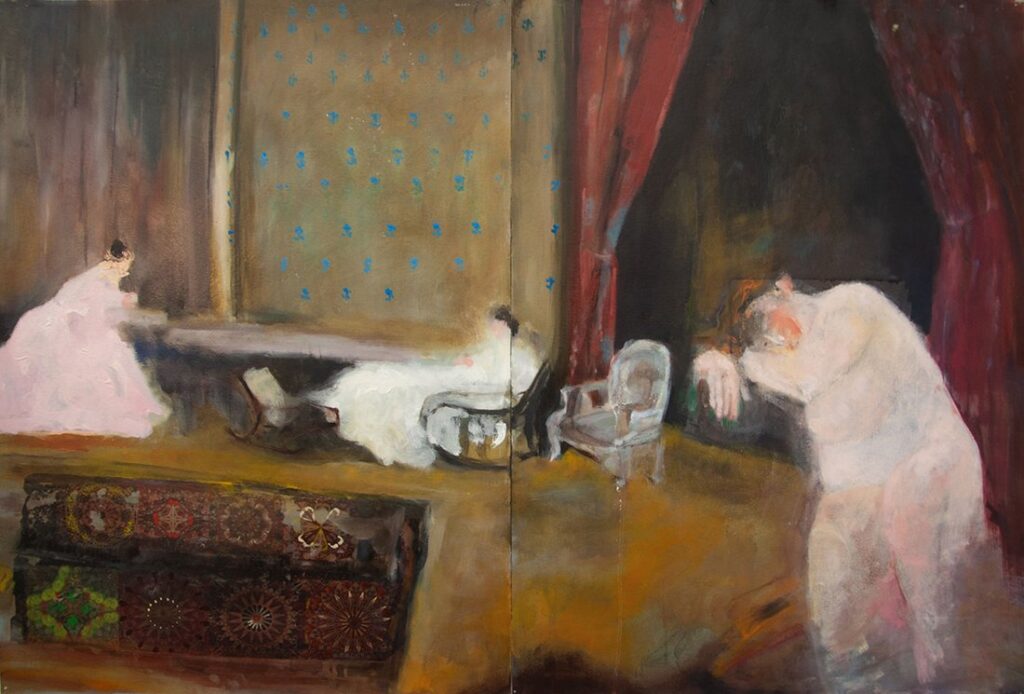 Time Again, by Dena Sturm, 2021, oil and photo transfer on gessoed paper