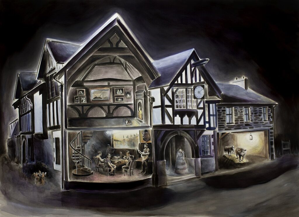 A Familiar Place, by Julia Tighe, 2020, ink, acrylic ink, and Inktense pencil on paper