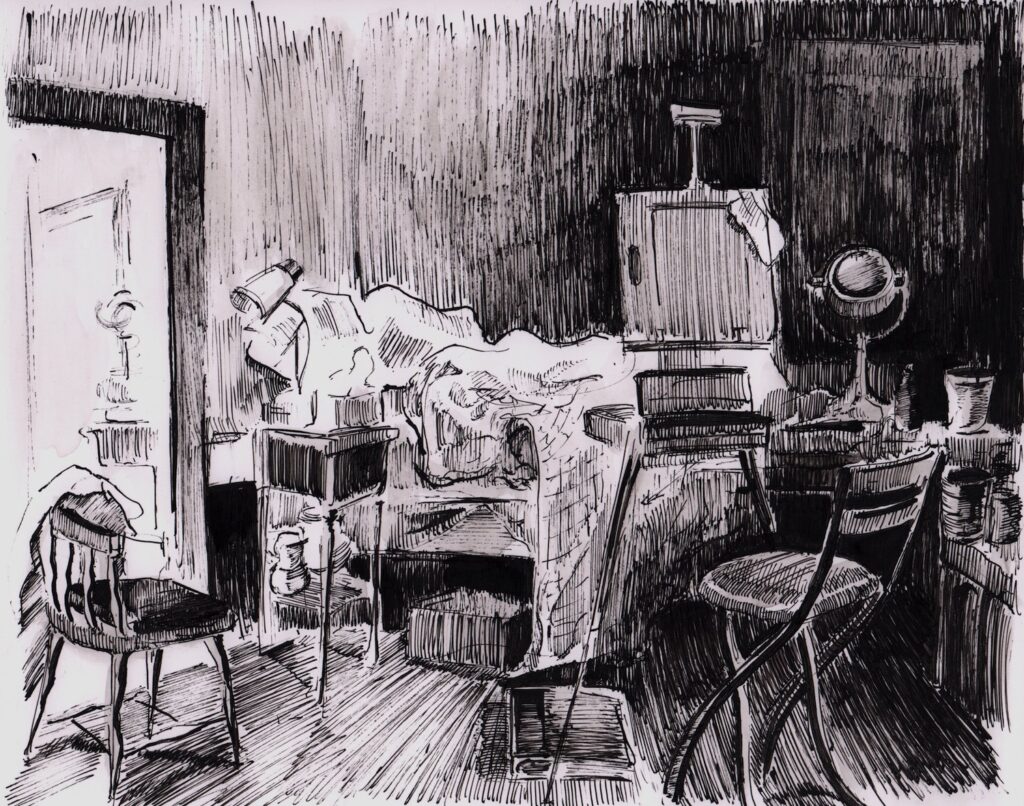 The Comforts of Home, by Julia Tighe, 2020, ink on Bristol board