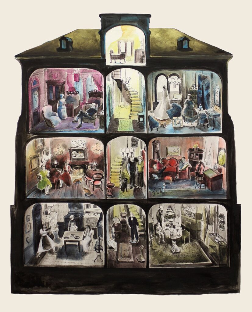 If These Walls Could Talk, by Julia Tighe, 2019, ink, acrylic, and Inktense pencil on paper